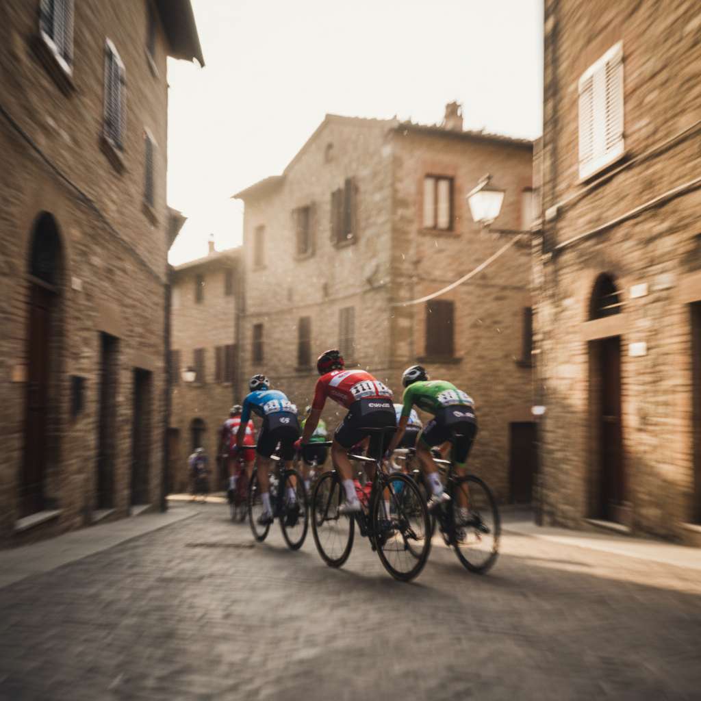 Ciclisti in gara ad alta velocità su strada italiana