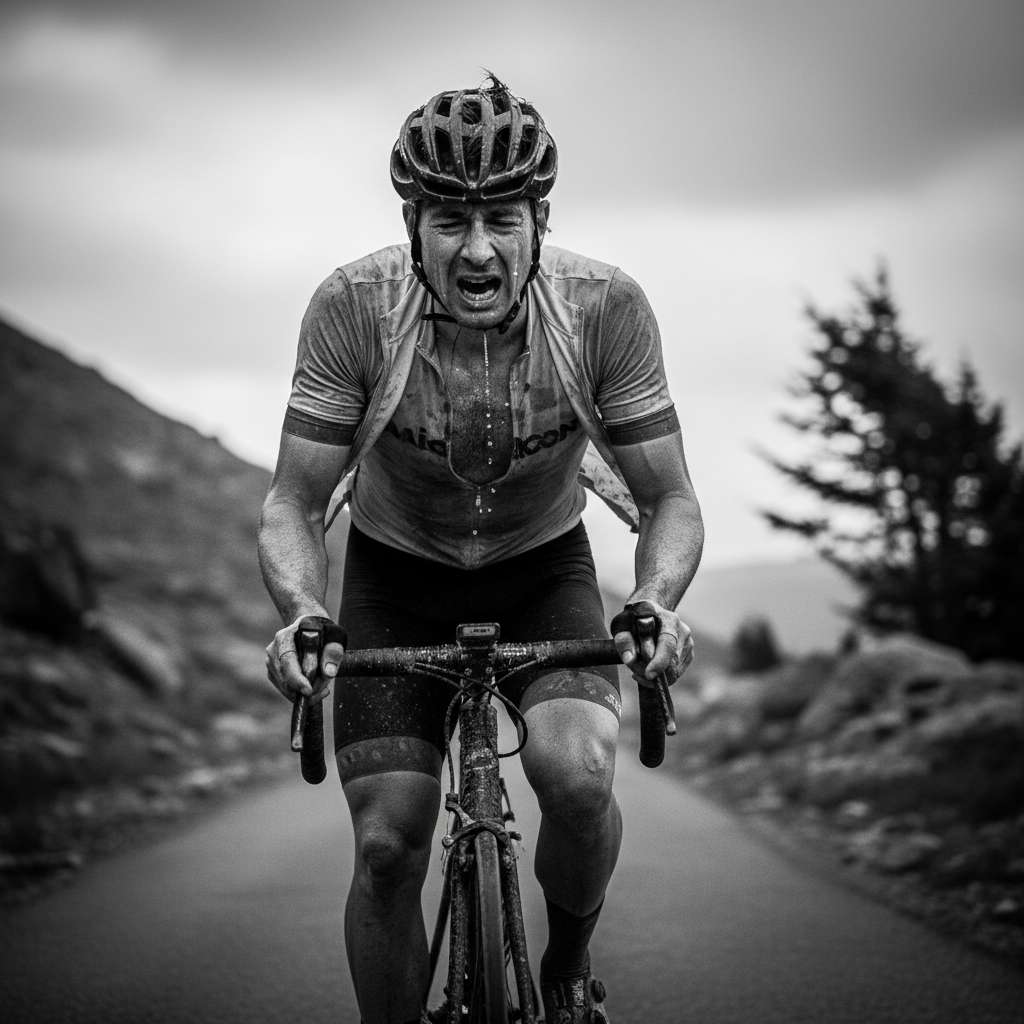 Ciclista esausto ma felice dopo la gara in bianco e nero