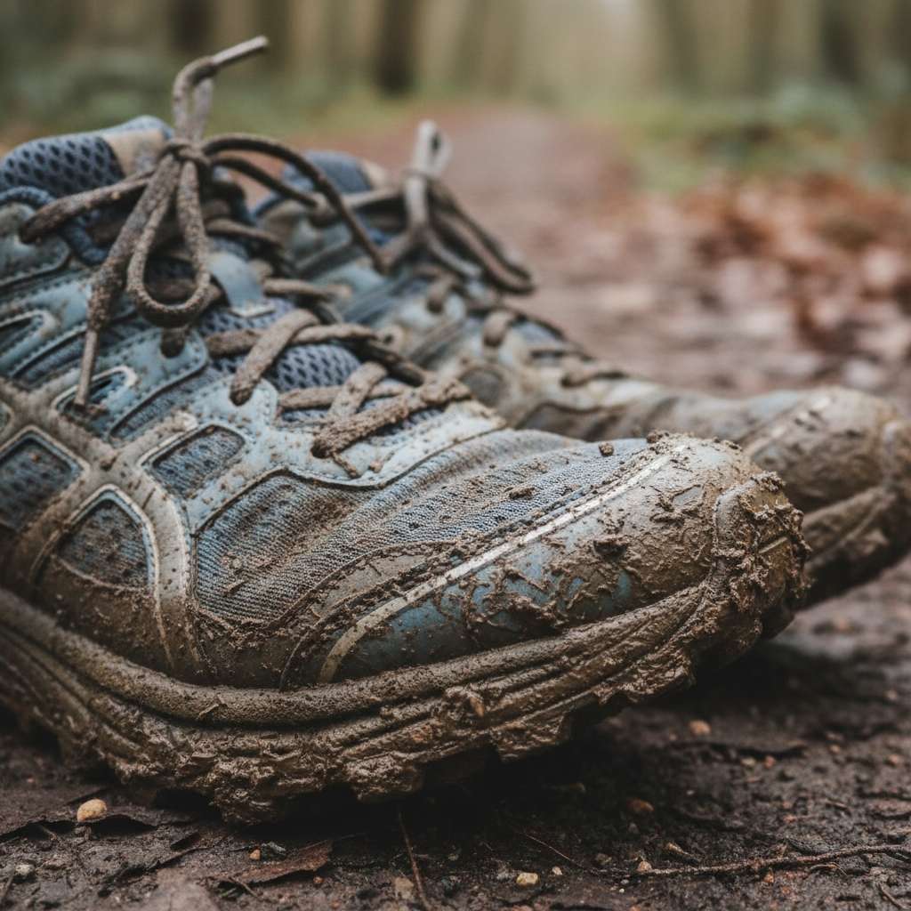 Dettaglio scarpe da corsa infangate